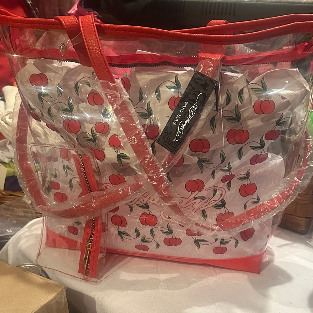 Ed Hardy Transparent Tote with Cherry Design and Red Trim.